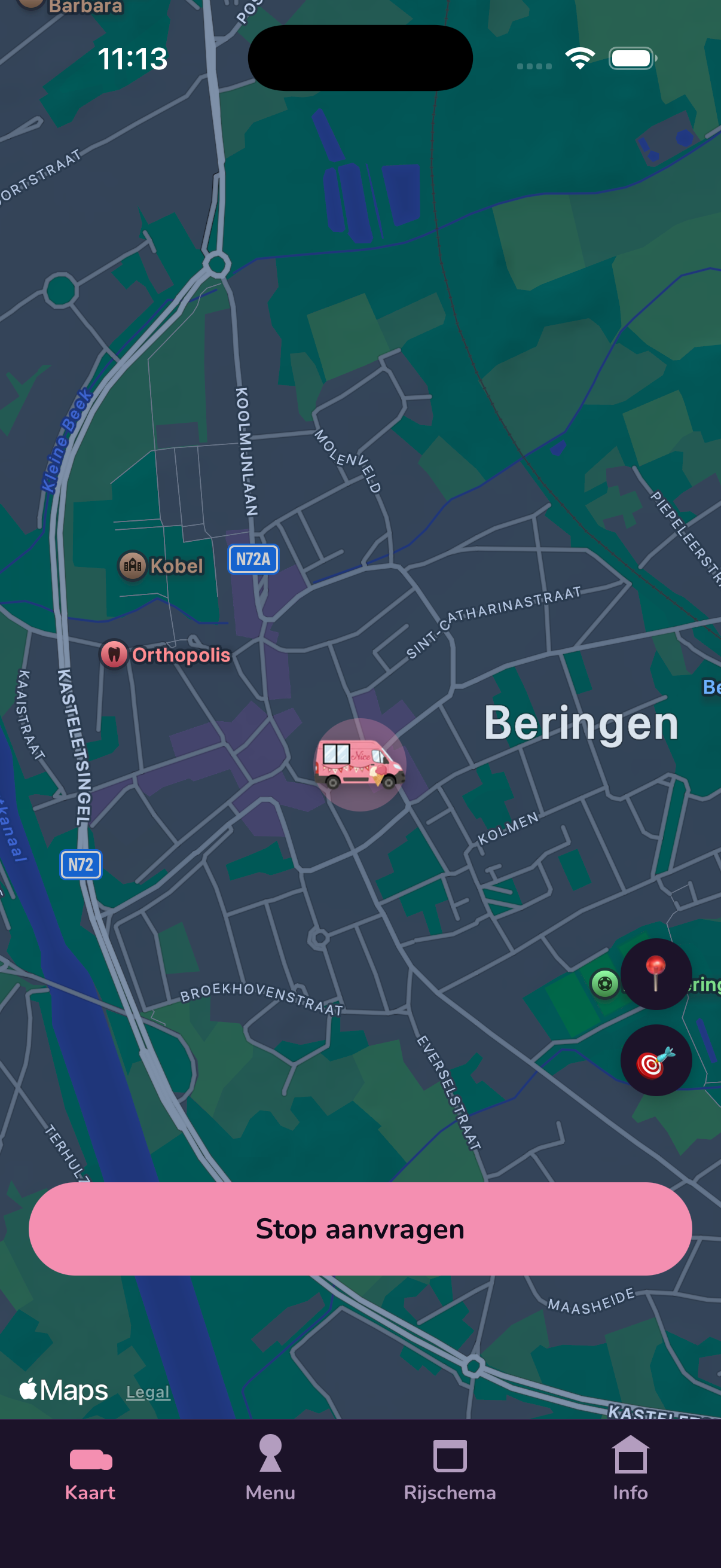 De kaart met de ijskar in Beringen in de N'ice app