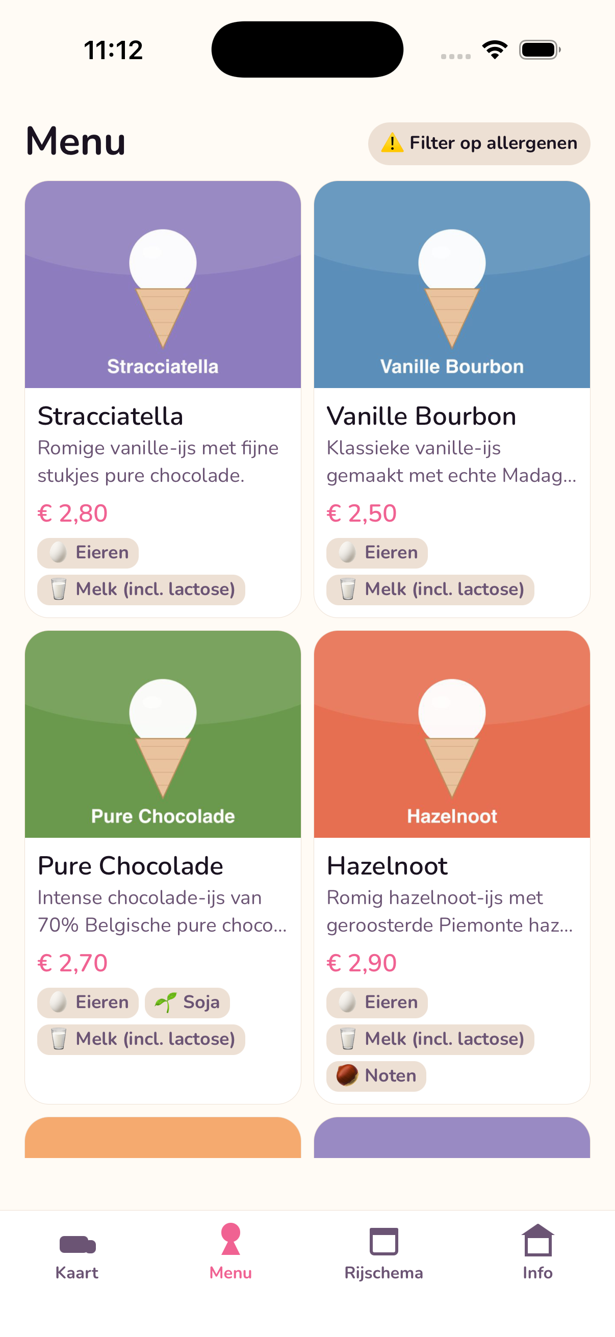 Het menu met smaken en prijzen in de N'ice app